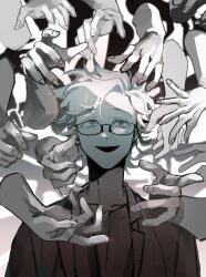 Rule 34 | 1boy, absurdres, collarbone, commentary, disembodied hand, glasses, highres, jacket, kanou aogu, looking up, male focus, open clothes, open jacket, open mouth, partially colored, portrait, saibou shinkyoku, sanglom, shirt, short hair, smile, solo focus, symbol-only commentary
