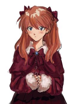 1girl blue_eyes blue_gemstone blush bow bowtie buttons capelet closed_mouth dress fur-trimmed_dress fur-trimmed_sleeves fur_trim gem hair_between_eyes hair_bow highres jewelry kuni821 long_hair long_sleeves looking_at_viewer neon_genesis_evangelion orange_hair own_hands_together pendant puffy_long_sleeves puffy_sleeves red_bow red_bowtie red_capelet red_dress simple_background solo souryuu_asuka_langley wavy_hair white_background
