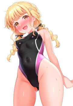 Rule 34 | 1girl, absurdres, black one-piece swimsuit, blonde hair, blush, braid, competition swimsuit, fujita kotone, gakuen idolmaster, highres, idolmaster, long hair, looking at viewer, one-piece swimsuit, simple background, solo, standing, swimsuit, twin braids, white background, zirba