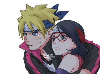 1boy 1girl black_eyes black_hair black_jacket blonde_hair blue_eyes blue_headband blush boruto:_naruto_next_generations commentary facial_mark forehead_protector glasses headband highres hug jacket jewelry konohagakure_symbol matsu_(fu6ide2) medium_hair naruto_(series) necklace red-framed_eyewear red_headband twitter_username uchiha_sarada uzumaki_boruto v-shaped_eyebrows watermark whisker_markings