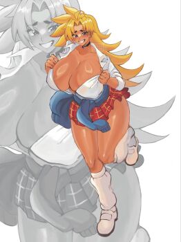 1girl blonde_hair blue_eyes breasts cleavage clothes_around_waist covered_erect_nipples dark-skinned_female dark_skin emily_botta energy_kyouka!! female_focus full_body gyaru hair_intakes heart highres huge_breasts jewelry long_hair money one_eye_closed partially_unbuttoned pleated_skirt shiraishi_kyouka skindentation skirt smile solo spiked_hair sweater sweater_around_waist teeth thick_thighs thighs wink
