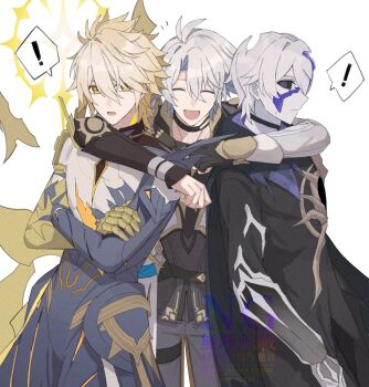 ! 3boys alternate_form antenna_hair arm_around_neck artist_name asymmetrical_wings belt black_belt black_bodysuit black_cape black_choker black_gloves black_sclera blonde_hair blush bodysuit broken_skin cape choker clenched_hands closed_eyes closed_mouth colored_sclera cowboy_shot crossed_arms flame_reaver_of_the_deepest_dark gauntlets gloves grey_eyes grey_hair grey_pants hair_between_eyes halo halo_behind_head hand_up happy honkai:_star_rail honkai_(series) hood hooded_cape jacket long_sleeves male_focus multiple_boys multiple_persona neck_tattoo notice_lines official_alternate_eye_color official_alternate_hair_color open_mouth pale_skin pants phainon_(honkai:_star_rail) phainon_(khaslana)_(honkai:_star_rail) purin_234 short_hair shoulder_spikes simple_background single_gauntlet single_glove smile speech_bubble spikes spoken_exclamation_mark standing sun_symbol sun_tattoo tan tattoo thigh_strap watermark white_background white_jacket wings yellow_eyes yellow_halo