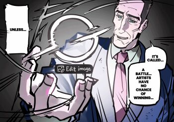 1boy absurdres ai-generated_art_(topic) black_hair blue_suit comic_panel_redraw commentary derivative_work english_text formal_clothes g-man half-life_(series) highres ijust12kmsbro necktie red_necktie shirt short_hair solo speech_bubble suit twitter white_shirt