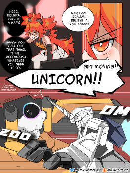 1girl 1other absurdres artist_name crossover english_text ethereal_(zenless_zone_zero) gundam gundam_unicorn hair_ornament highres koleda_belobog long_hair mecha messy_hair mick19988 mobile_suit orange_eyes orange_hair robot speech_bubble sphere_hair_ornament surprised sweatdrop thought_bubble typo unicorn_gundam zenless_zone_zero