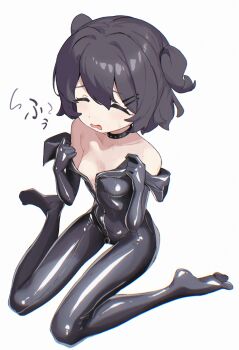 1girl aria_a_aira black_bodysuit black_hair bodysuit breasts choker closed_eyes collarbone full_body hair_ornament hairclip highres hot latex latex_bodysuit loli original shiny_clothes sitting skin_tight small_breasts solo sweat undressing wariza white_background zipper
