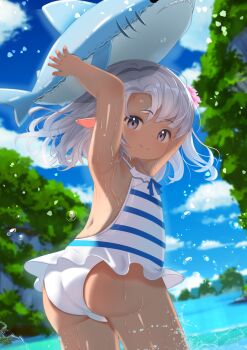 1girl armpits arms_up ass blue_bow bow casual_one-piece_swimsuit closed_mouth cloud commentary_request dark-skinned_female dark_skin day final_fantasy final_fantasy_xiv flat_chest flower from_behind grey_eyes grey_hair hair_flower hair_ornament halterneck highres holding inflatable_shark inflatable_toy lalafell loli long_hair looking_at_viewer looking_back one-piece_swimsuit outdoors pointy_ears shelldy sky smile solo square_enix striped_clothes striped_one-piece_swimsuit swimsuit tree water wet white_one-piece_swimsuit