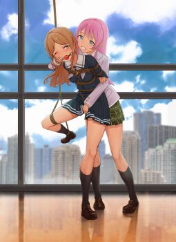 2girls absurdres ball_gag bang_dream! bang_dream!_it&#039;s_mygo!!!!! bdsm blonde_hair bondage bound bubble_(pixiv51545000) building chihaya_anon commentary female_focus gag haneoka_school_uniform highres leg_up multiple_girls nagasaki_soyo pink_hair pleated_skirt restrained school_uniform shibari shibari_over_clothes skirt skyscraper symbol-only_commentary teasing tsukinomori_school_uniform yuri