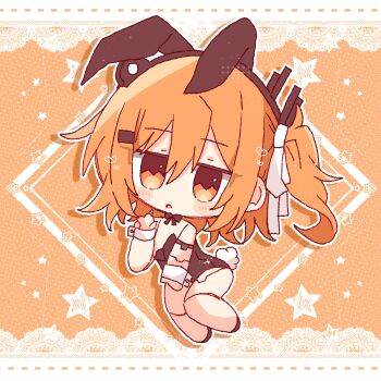 1girl a.i._voice adachi_rei android animal_ears black_leotard chibi chibi_only fake_animal_ears full_body ganbaritaina_07 highres joints leotard looking_at_viewer one_side_up orange_eyes orange_hair playboy_bunny rabbit_ears robot_joints solo strapless strapless_leotard utau wrist_cuffs