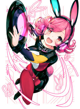 animal_ears black_bodysuit bodysuit breasts fake_animal_ears highres large_breasts looking_at_viewer lukyyuki medium_hair multicolored_bodysuit open_mouth pink_hair rabbit_ears rabbit_girl rabbit_tail red_bodysuit red_eyes tail two-tone_bodysuit usakawa_mimi white_background wixoss wixoss_diva(a)live