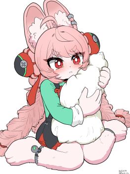 1girl amida_murasaki animal_ear_fluff animal_ears black_skirt blue_shirt braid closed_mouth commentary_request furry furry_female highres hugging_object long_hair looking_at_viewer pillow pillow_hug pink_hair rabbit_ears rabbit_girl red_eyes shirt skirt solo twin_braids very_long_hair zenless_zone_zero zhao_(zenless_zone_zero)