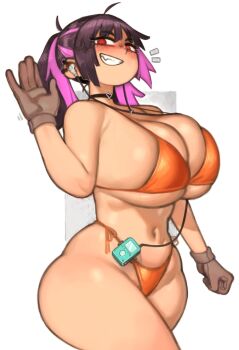 ass bikini black_hair breasts cable choker earbuds earphones gloves huge_ass huge_breasts kelvin_hiu large_breasts mp3_player multicolored_hair orange_bikini original purple_hair skindentation smile smirk swimsuit