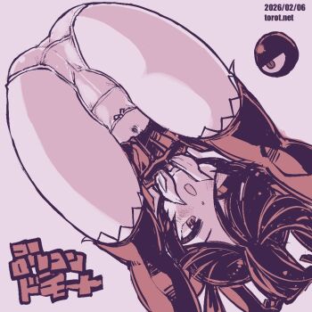 Rule 34 | 1girl, ;o, all fours, ass, backbeako (torotei), backbeard, bear position, blush, bow, bow panties, commentary, crotch seam, dated, dated commentary, dress, dutch angle, elbow gloves, feet out of frame, gegege no kitarou, gloves, hair over one eye, kono lolicon domome, long hair, looking at viewer, monochrome, navel, neckerchief, one eye closed, open mouth, original, paid reward available, panties, pink background, pink theme, pointy ears, simple background, solo, thighhighs, thighs, top-down bottom-up, torotei, translated, twintails, underwear, upside-down, watermark, web address, wide hips