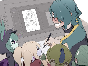 2girls 3boys amumu animal_ears blush computer_keyboard drawing embarrassed green_hair highres holding holding_pen hwei_(league_of_legends) league_of_legends looking_at_another multiple_boys multiple_girls open_mouth paint pen pointing poppy_(league_of_legends) red_eyes simple_background sona_(league_of_legends) sweatdrop teemo unamused upper_body vex_(league_of_legends) white_background yordle zaket07