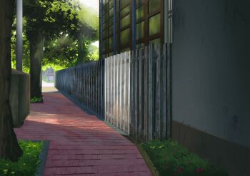 alley border building commentary fence grass harusa1107 hedge highres no_humans original painting_(medium) path plant road tile_floor tiles traditional_media tree tree_shade white_border wooden_fence