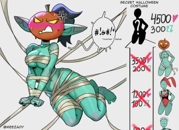 anger_vein artist_name bandages black_hair black_nails blush bound bound_wrists breasts collarbone grey_background highres lola_(roxxxan) medium_breasts mummy_costume nail_polish navel original ponytail pumpkin_head restrained roxxxan simple_background speech_bubble sweat