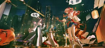 3girls arknights boots building cityscape colorful everyone gloves green_hair hair_ornament hair_ribbon hakama hakama_skirt haruka_(arknights) highres holding holding_weapon horns hoshiguma_(arknights) hoshiguma_the_breacher_(arknights) japanese_clothes kimono knee_boots lace-up_boots long_hair miniskirt mio_(arknights) multiple_girls night red_hair ribbon skirt skyscraper sword weapon wings you_zhiqi_de