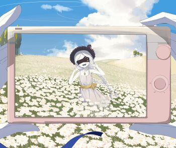 absurdres black_hat blue_archive camera colored_skin commentary double_v dress ein_(blue_archive) field flower flower_field forehead grey_dress hat highres holding holding_camera long_hair malkuth_(blue_archive) ohr_(blue_archive) open_mouth outdoors pov pov_hands sky sleeveless sleeveless_dress sof_(blue_archive) sun_hat sundress tree unso_(exxxxit) v white_dress white_flower white_hair white_skin yellow_eyes