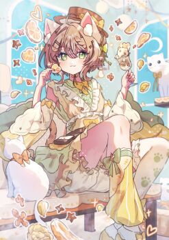 1girl :3 animal_ear_fluff animal_ears asymmetrical_legwear bare_shoulders blush bow bowtie brown_hair brown_hat cat cat_ears cat_girl cat_tail closed_mouth commentary cup detached_sleeves dress drinking_glass feet_out_of_frame food fruit green_eyes hair_between_eyes hat holding holding_cup lemon lemon_slice long_sleeves mismatched_legwear original short_hair shorts single_sock single_thighhigh sitting sleeve_bow sleeveless sleeveless_dress smile socks solo symbol-only_commentary tail thighhighs tsukumi_bis uneven_legwear watermark white_shorts white_thighhighs wide_sleeves yellow_bow yellow_bowtie yellow_dress yellow_sleeves yellow_socks