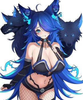 1girl animal_ears black_gloves black_shorts blue_hair blue_streaks breasts cleavage closed_mouth commentary elbow_gloves english_commentary face_piercing fingerless_gloves fishnet_pantyhose fishnets gloves hair_over_one_eye highres indie_virtual_youtuber large_breasts layunaart lip_piercing looking_at_viewer multicolored_hair navel_piercing pantyhose piercing second-party_source short_shorts shorts solo spite_(1st_costume)_(vtuber) spite_(vtuber) streaked_hair virtual_youtuber wolf_ears wolf_girl