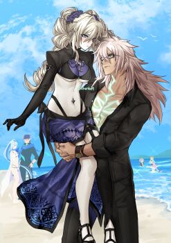 3girls 4boys absurdres astolfo_(fate) beach bikini black-framed_eyewear black_bikini black_bow black_gloves black_leggings black_pants black_sandals black_shirt black_shrug blonde_hair blue_eyes blue_eyeshadow blue_hair blue_jacket blue_scarf blush body_markings bow braid braided_ponytail breasts brynhild_(fate) brynhild_(swimsuit_berserker)_(first_ascension)_(fate) carrying carrying_person closed_mouth collared_shirt couple detached_leggings drill_hair ear_piercing eye_contact eyeshadow fate/grand_order fate_(series) flower garter_straps glasses gloves glowing_markings grey_hair hair_between_eyes hair_bow hair_flower hair_ornament hetero highleg highleg_bikini highres jacket jeanne_d&#039;arc_(fate) jeanne_d&#039;arc_(swimsuit_archer)_(first_ascension)_(fate) kriemhild_(fate) kriemhild_(swimsuit_rider)_(fate) kriemhild_(swimsuit_rider)_(first_ascension)_(fate) leggings light_smile long_hair looking_at_another makeup multicolored_hair multiple_boys multiple_girls navel_piercing ocean outdoors own_hands_together pants piercing pink_hair purple_flower purple_hair purple_rose purple_sarong rose sand sandals sarong scarf see-through_cleavage see-through_clothes see-through_sarong seiniku_(10henbo9) shirt shrug_(clothing) side_ponytail sieg_(fate) siegfried_(fate) siegfried_(super_cool_biz)_(fate) sigurd_(fate) sigurd_(memories_with_my_lover)_(fate) simple_bird single_detached_legging single_garter_strap sleeves_rolled_up swimsuit thigh_strap twin_drills twitter_username two-tone_hair underboob watch water white_bikini wristwatch