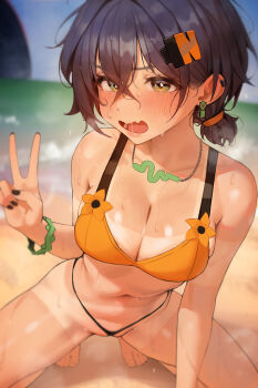 1girl absurdres beach belle_(summer_skies)_(zenless_zone_zero) belle_(zenless_zone_zero) bikini blue_hair blush breasts circlet cleavage collarbone day earrings green_eyes hair_ornament highres hyuk_(yeayeo) jewelry letter_hair_ornament medium_breasts navel necklace ocean orange_bikini short_hair solo squatting steaming_body stomach sweat swimsuit tan tanline thong_bikini v wavy_mouth zenless_zone_zero