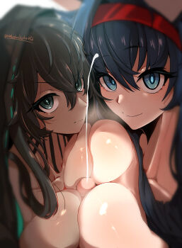 1boy 2girls absurdres ankodaihuku arknights blaze_(arknights) blue_eyes blue_hair breasts censored commentary_request cum dark-skinned_female dark_skin double_paizuri ejaculation flint_(arknights) green_eyes green_hair hairband hetero highres hood hood_up large_breasts looking_at_viewer mosaic_censoring multicolored_hair multiple_girls neck_tattoo paizuri penis pov red_hairband smile streaked_hair tattoo