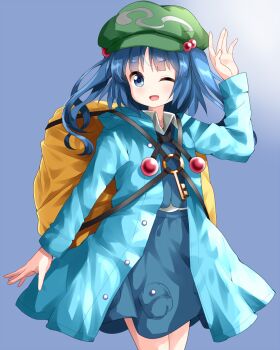 Rule 34 | 1girl, ;), alternate costume, backpack, bag, blue dress, blue eyes, blue hair, blue shirt, coat, collared shirt, commentary, cowboy shot, dress, flat cap, green hat, hair bobbles, hair ornament, hand up, hat, highres, hood, hooded coat, kawashiro nitori, key, long sleeves, looking at viewer, medium hair, one-hour drawing challenge, one eye closed, open clothes, open coat, open mouth, pocket, pouch, puffy sleeves, ruu (tksymkw), shirt, sidelocks, simple background, skirt, skirt set, smile, solo, standing, strap, tarpaulin, thighs, touhou, two side up, undershirt