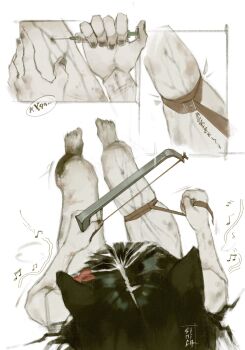 absurdres barefoot black_hair blood_circulation_interruption bow bowtie bruise bruise_on_arm bruise_on_leg from_above highres holding holding_hacksaw holding_leash holding_syringe imminent_self-harm injection injury leash original scar scar_on_arm self-harm syringe tomtit_bird wrist_cutting