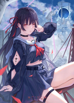 1girl absurdres arm_cutout black_choker black_hair black_jacket black_shirt black_skirt breasts chisa_(wuthering_waves) choker closed_mouth clothing_cutout collarbone commentary crop_top fingernails hair_ribbon highres jacket long_hair long_sleeves looking_at_viewer medium_breasts nail_polish neckerchief paper red_eyes red_nails red_neckerchief red_ribbon ribbon sailor_collar shirt signature skirt solo tacet_mark_(wuthering_waves) thigh_strap thighs very_long_hair white_sailor_collar wuthering_waves zing_(zingart)