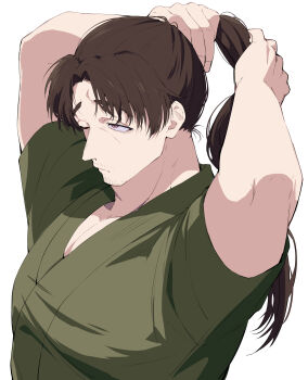 1boy absurdres arms_up brown_eyes brown_hair closed_eyes commentary_request facial_hair goatee_stubble green_shirt hatsumi_sen highres kengan_(series) kengan_ashura long_hair looking_ahead male_focus mature_male mustache_stubble nekoma_hikaru one_eye_closed pectorals ponytail shirt short_sleeves simple_background solo stubble upper_body white_background