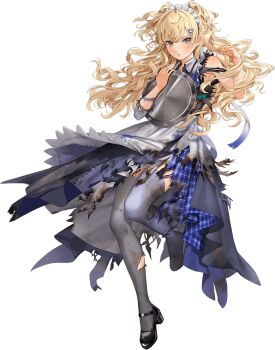 1girl apron blonde_hair blue_dress blue_eyes burnt_clothes cupcake dress drink elbow_gloves food full_body gloves grey_gloves grey_thighhighs hair_ornament hairclip hoshiakari_(c2_kikan) kantai_collection looking_at_viewer maid maid_headdress minneapolis_(halloween)_(kancolle) minneapolis_(kancolle) official_art patchwork_clothes solo thighhighs third-party_source transparent_background tray two_side_up wavy_hair white_apron