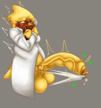 alphys blush book cum cum_on_clothes cumdrip furry furry_female glasses highres holding holding_book hot huge_penis lab_coat large_penis non-web_source panties penis penis_expansion plump science_fiction scientist tail testicles undertale underwear utdr_(toby_fox) veins veiny_penis white_panties