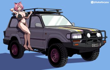 absurdres animal_ears bikini black_bikini breasts cat_ears highres huge_breasts lukaforyou micro_bikini neptunia pink_eyes pink_hair pinup_(style) short_hair swimsuit thick_thighs thighs toyota toyota_land_cruiser yuuki_(neptunia)