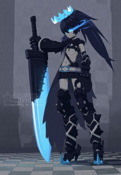 1girl 32zzz armored_boots artist_name asymmetrical_clothes belt bikini bikini_top_only black_belt black_bikini black_choker black_coat black_hair black_rock_shooter black_rock_shooter_(character) black_rock_shooter_beast black_skirt blue_crown blue_eyes blue_fire boots bright_pupils checkered_floor choker coat commentary crown fire flaming_eye flat_chest floating_crown full_body gauntlets hair_between_eyes highres holding holding_sword holding_weapon huge_weapon long_hair long_sleeves miniskirt navel pleated_skirt scar skirt solo standing star_(symbol) swimsuit sword weapon white_belt white_pupils