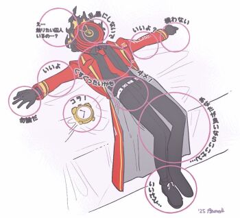 1other belt black_gloves black_pants black_shirt check_translation clock coat collared_shirt commentary dante_(limbus_company) fire gloves lapels limbus_company meme notched_lapels object_head other_focus pants project_moon red_coat shirt solo tama_launcher touch_map_(meme) translation_request white_belt