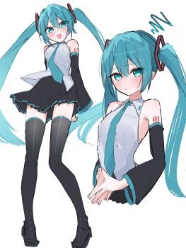 1girl :d aqua_eyes aqua_hair aqua_necktie aqua_trim arms_behind_back black_boots black_skirt black_sleeves blush boots breasts closed_mouth collared_shirt commentary_request cropped_torso detached_sleeves full_body hair_between_eyes hair_ornament hatsune_miku highres long_hair long_sleeves looking_at_viewer miniskirt multiple_views necktie number_tattoo open_mouth pleated_skirt shirt shoulder_tattoo sidelocks simple_background skirt sleeveless sleeveless_shirt smile squiggle standing steepled_fingers tattoo thigh_boots thighhighs thinker25075754 twintails untucked_shirt very_long_hair vocaloid white_background white_shirt wide_sleeves zettai_ryouiki
