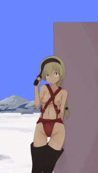 1girl black_thighhighs blonde_hair braid braided_ponytail breasts cameltoe closed_mouth cosplay gun hairband handgun holding holding_gun holding_weapon jashin-chan_dropkick long_hair looking_at_viewer medium_breasts minos_drawfag navel nipples outdoors pekora_(jashin-chan_dropkick) solo thighhighs topless_female weapon yellow_eyes zardoz zed_(zardoz)_(cosplay)