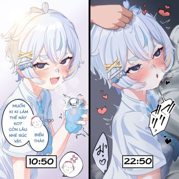 1boy 1girl anger_vein bandaid bandaid_on_face bandaid_on_nose blue_archive blue_necktie blush fang fish_skeleton_hair_ornament from_side grey_background hand_on_another's_head heart highres looking_at_viewer looking_up necktie open_mouth original sensei_(blue_archive) shirt short_hair smile speech_bubble steam thick_eyebrows vietnamese_text white_background white_hair white_shirt