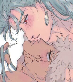 2boys archer_(fate) archer_alter_(fate) blue_hair blush cracked_skin cu_chulainn_(caster)_(fate) cu_chulainn_(fate) dark-skinned_male dark_skin earrings face-to-face fate/grand_order fate_(series) gg3oom grey_eyes grey_hair imminent_kiss jewelry long_hair male_focus multiple_boys open_mouth red_eyes short_hair yaoi