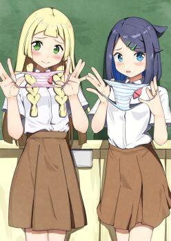 2girls absurdres blonde_hair blue_eyes blue_hair blush bow bowtie braid brown_skirt chalkboard classroom commentary_request green_eyes highres holding holding_panties holding_underwear holding_unworn_clothes indoors liko_(pokemon) lillie_(pokemon) long_hair looking_at_viewer medium_hair medium_skirt multiple_girls negimiso1989 nintendo panties pleated_skirt pokemon presenting_removed_panties red_bow red_bowtie school_uniform shirt side_braids skirt standing striped_clothes striped_panties tears underwear white_shirt
