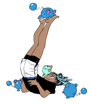 1girl alternate_costume barefoot bike_shorts black_hair black_shirt blue_eyes blue_hair chewtle closed_mouth commentary_request dark-skinned_female dark_skin eyelashes gen_2_pokemon gen_8_pokemon highres legs_up long_hair marill multicolored_hair nessa_(pokemon) nintendo pokemon pokemon_(creature) pokemon_swsh shirt shorts t1ger_spuma toes two-tone_hair white_background white_shorts