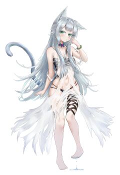 1girl absurdres animal_ears arknights barefoot black_panties breasts budget_sarashi cat_ears cat_girl cat_tail clothing_cutout dress full_body garland_(decoration) green_eyes grey_hair hair_in_own_mouth halter_dress halterneck highres leg_ribbon long_hair looking_at_viewer navel navel_cutout panties ribbon rosmontis_(arknights) sarashi see-through_clothes see-through_dress simple_background skindentation small_breasts stomach tail thigh_ribbon torn_clothes torn_dress underwear water wet white_background yongdogi