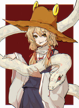 1girl absurdres blonde_hair brown_hat closed_mouth commentary cowboy_shot hair_ribbon hat highres long_hair looking_at_viewer mishaguji moriya_suwako purple_skirt purple_vest red_ribbon ribbon skirt skirt_set snake stunionjy symbol-only_commentary tongue tongue_out touhou tress_ribbon vest white_snake wide_sleeves yellow_eyes