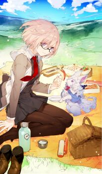 1girl apple apple_rabbit apple_slice arm_support bento black-framed_eyewear black_dress black_pantyhose blue_sky brown_shoes cloud commentary creature dress fate/grand_order fate_(series) field food food_art food_request fork fou_(fate) from_side fruit full_body glasses grass grey_jacket hair_over_eyes happy holding holding_fork jacket mash_kyrielight necktie noco_(adamas) official_art pantyhose picnic picnic_basket picnic_blanket pink_hair purple_eyes red_necktie shoes short_dress short_hair sitting sky smile solo thermos third-party_source unworn_shoes white_jacket wind yokozuwari