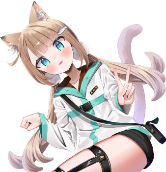 1girl absurdres animal_ear_fluff animal_ears black_shorts blue_eyes blush brown_hair cat_ears cat_girl cat_tail collarbone commentary_request dutch_angle fish_hair_ornament hair_ornament highres jacket k_mugura long_hair long_sleeves looking_at_viewer low_twintails original parted_lips paw_pose shorts simple_background sitting sleeves_past_wrists solo tail twintails v v-shaped_eyebrows very_long_hair white_background white_jacket
