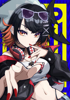 1girl absurdres alternate_costume beanie black_hair black_jacket blue_background blue_hat breasts cleavage_cutout clothing_cutout collar collarbone colored_inner_hair commentary_request covering_own_mouth crop_top earclip ellen_joe eyewear_on_head fingernails fins fish_tail hat headphones headphones_around_neck highres jacket jewelry looking_at_viewer medium_breasts midriff mole mole_under_eye multicolored_hair mutsu_aya navel necklace razor_blade_hair_ornament red_eyes red_nails scar scar_on_tail shark_girl shark_tail shirt short_hair solo spiked_collar spikes sunglasses tail upper_body white-framed_eyewear white_shirt zenless_zone_zero