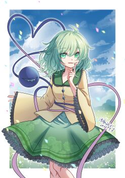 1girl absurdres artist_name blue_sky buttons chinese_commentary cloud collared_shirt commentary dated day diamond_button eyeball finger_to_mouth floral_print frilled_shirt_collar frilled_skirt frilled_sleeves frills green_eyes green_hair green_skirt heart heart_of_string highres komeiji_koishi long_sleeves looking_at_viewer luo_chen_levi no_headwear open_mouth print_skirt rose_print shirt shushing skirt sky smile solo third_eye touhou wide_sleeves yellow_shirt