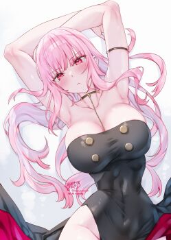 1girl :&lt; absurdres arm_strap armpits arms_behind_head black_choker black_dress blunt_bangs breasts choker cleavage closed_mouth commentary_request covered_navel dress groin highres hololive hololive_english kamiya_maneki large_breasts long_hair looking_at_viewer lying mori_calliope on_back pink_eyes pink_hair red_dress side_slit sidelocks simple_background sleeveless sleeveless_dress solo strapless strapless_dress two-sided_dress two-sided_fabric very_long_hair virtual_youtuber white_background
