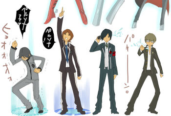 4boys armband atlus crossover glasses gun male_focus multiple_boys naoya_toudou narukami_yu necktie persona persona_1 persona_2 persona_2_tsumi persona_3 persona_4 rakuchi rakuchii_(rurituvo) school_uniform shouting summoning summoning_circle suou_tatsuya toudou_naoya translated weapon yuuki_makoto_(persona_3)