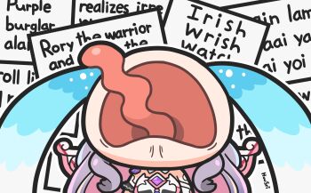 1girl absurdres bare_shoulders brooch chibi commentary english_commentary english_text highres hololive hololive_english huusri jewelry koseki_bijou koseki_bijou_(1st_costume) long_hair purple_hair solo tongue tongue_out tongue_twister upper_body virtual_youtuber wings